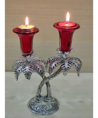Silver Oxidized White Metal Red Color Double Candle Holder 2