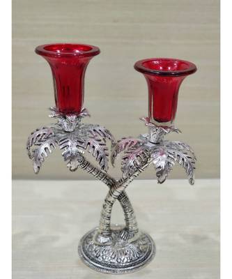 Silver Oxidized White Metal Red Color Double Candle Holder 3