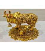 Golden Oxidized Kamdhenu Cow Amd Calf Statue With God Idols