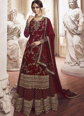 Red Embroidered Semi Stitched Salwar With Dupatta 1