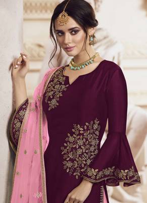 Purple Embroidered Semi Stitched Salwar With Dupatta 2