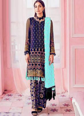 Blue Embroidered Semi Stitched Salwar With Dupatta 1