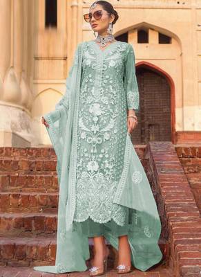 Blue Embroidered Semi Stitched Salwar With Dupatta 1