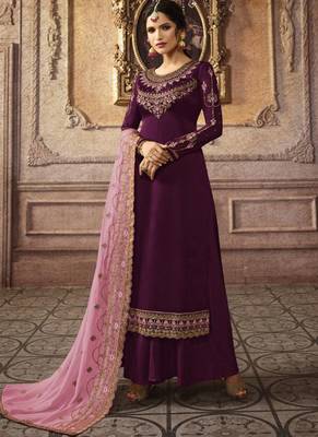 Wine Embroidered Semi Stitched Salwar With Dupatta 1
