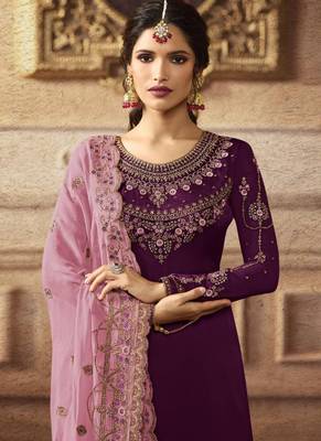 Wine Embroidered Semi Stitched Salwar With Dupatta 2