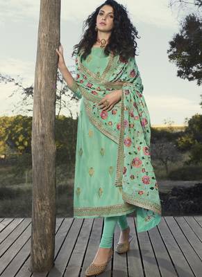 Turquoise Embroidered Semi Stitched Salwar With Dupatta 1