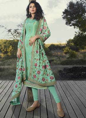 Turquoise Embroidered Semi Stitched Salwar With Dupatta 2