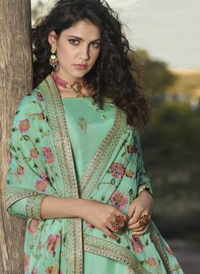 Turquoise Embroidered Semi Stitched Salwar With Dupatta 3