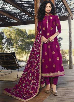 Magenta Embroidered Semi Stitched Salwar With Dupatta 1