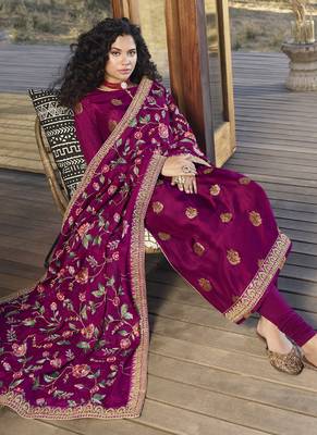 Magenta Embroidered Semi Stitched Salwar With Dupatta 2
