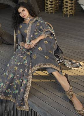 Grey Embroidered Semi Stitched Salwar With Dupatta 1