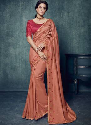 Peach Embroidered Art Silk Saree With Blouse 1