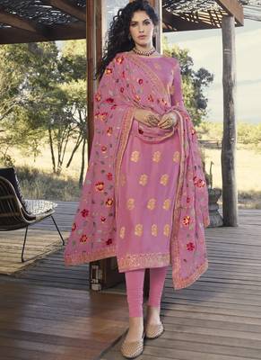 Pink Embroidered Semi Stitched Salwar With Dupatta 1