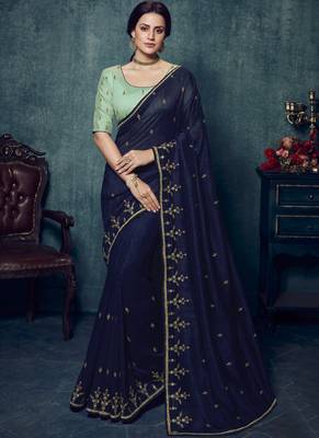 Blue Embroidered Art Silk Saree With Blouse 1