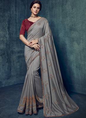 Grey Embroidered Art Silk Saree With Blouse 1