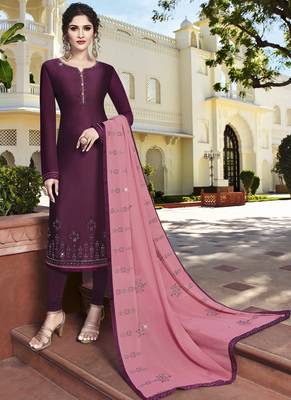 Purple Embroidered Semi Stitched Salwar With Dupatta 1