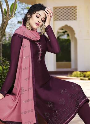 Purple Embroidered Semi Stitched Salwar With Dupatta 2