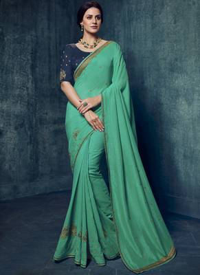Turquoise Embroidered Art Silk Saree With Blouse 1