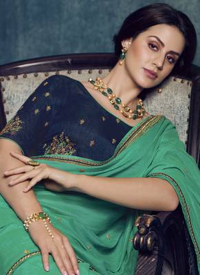 Turquoise Embroidered Art Silk Saree With Blouse 2