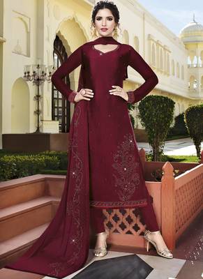 Maroon Embroidered Semi Stitched Salwar With Dupatta 1