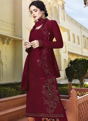 Maroon Embroidered Semi Stitched Salwar With Dupatta 2