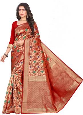 Cream Woven Art Silk Saree With Blouse 2