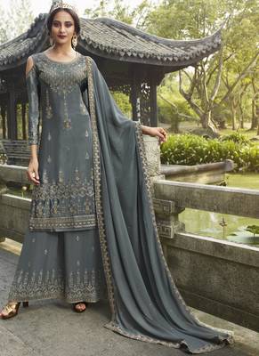 Grey Embroidered Semi Stitched Salwar With Dupatta 1