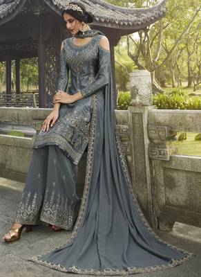 Grey Embroidered Semi Stitched Salwar With Dupatta 2