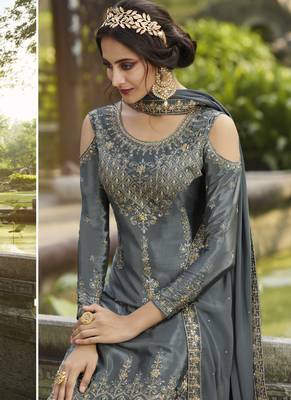 Grey Embroidered Semi Stitched Salwar With Dupatta 3