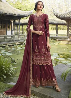Maroon Embroidered Semi Stitched Salwar With Dupatta 1