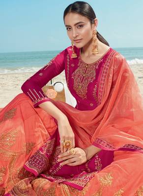 Magenta Embroidered Semi Stitched Salwar With Dupatta 3