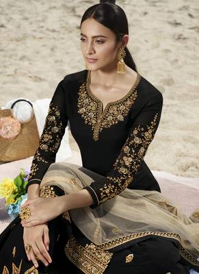 Black Embroidered Semi Stitched Salwar With Dupatta 4