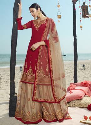 Red Embroidered Semi Stitched Salwar With Dupatta 1