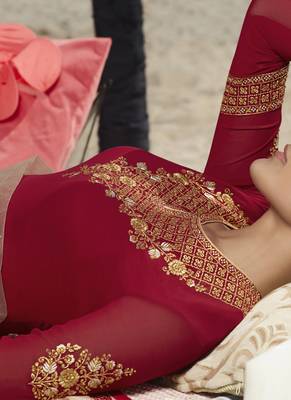 Red Embroidered Semi Stitched Salwar With Dupatta 3
