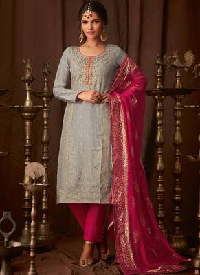 Grey Embroidered Semi Stitched Salwar With Dupatta 1
