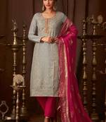 Grey Embroidered Semi Stitched Salwar With Dupatta
