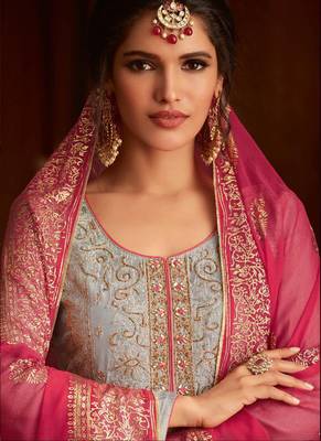 Grey Embroidered Semi Stitched Salwar With Dupatta 2