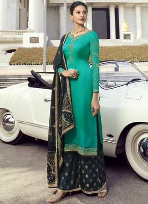 Turquoise Embroidered Semi Stitched Salwar With Dupatta 1