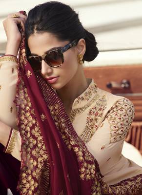 Cream Embroidered Semi Stitched Salwar With Dupatta 4