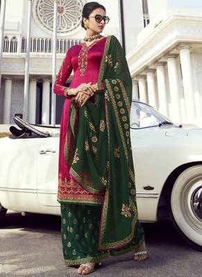 Magenta Embroidered Semi Stitched Salwar With Dupatta 1