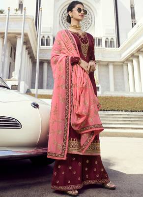 Maroon Embroidered Semi Stitched Salwar With Dupatta 1