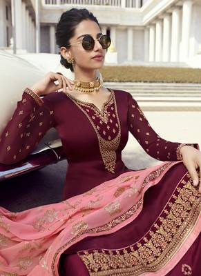 Maroon Embroidered Semi Stitched Salwar With Dupatta 3