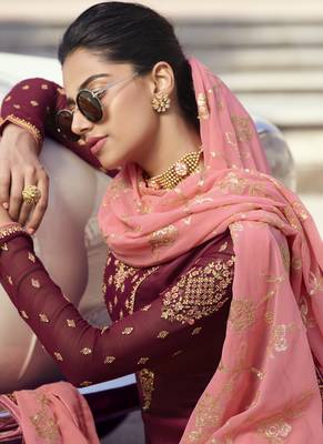 Maroon Embroidered Semi Stitched Salwar With Dupatta 4