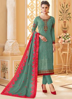 Turquoise Embroidered Stitched Salwar With Dupatta 1
