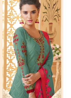 Turquoise Embroidered Stitched Salwar With Dupatta 2