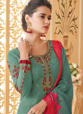 Turquoise Embroidered Stitched Salwar With Dupatta 3