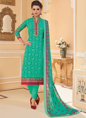 Turquoise Embroidered Stitched Salwar With Dupatta 1