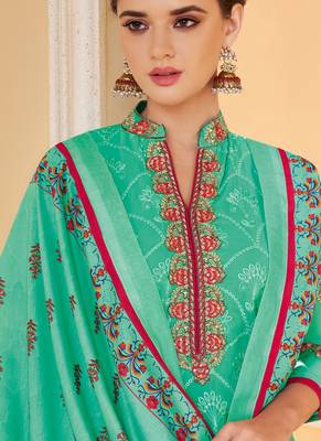 Turquoise Embroidered Stitched Salwar With Dupatta 2