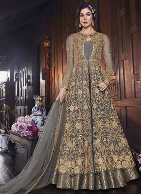 Grey Embroidered Semi Stitched Salwar With Dupatta 1