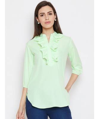 neon green crepe tunic with ruffles at neck 1